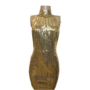 Vintage 80s Nite Line Gold Caged Halter Sequin Dress